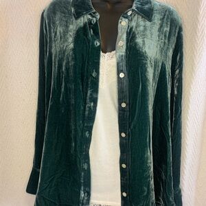 Silky Velvet Mother Of Pearl Button Down Shirt in Sea Green